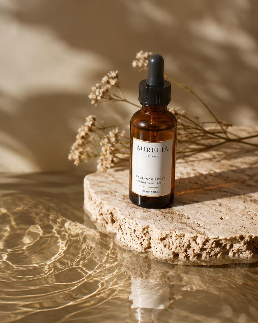 AI generated serum bottle on travertine stone